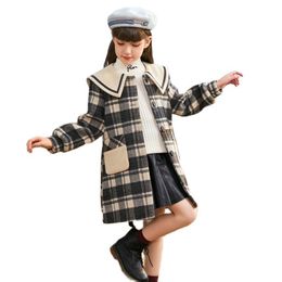 Jas plaid lange wol voor tienermeisjes mode mode met borsten borsten trench jas kinderen bovenkleding marine stijl kinderen winter overjassen 220927