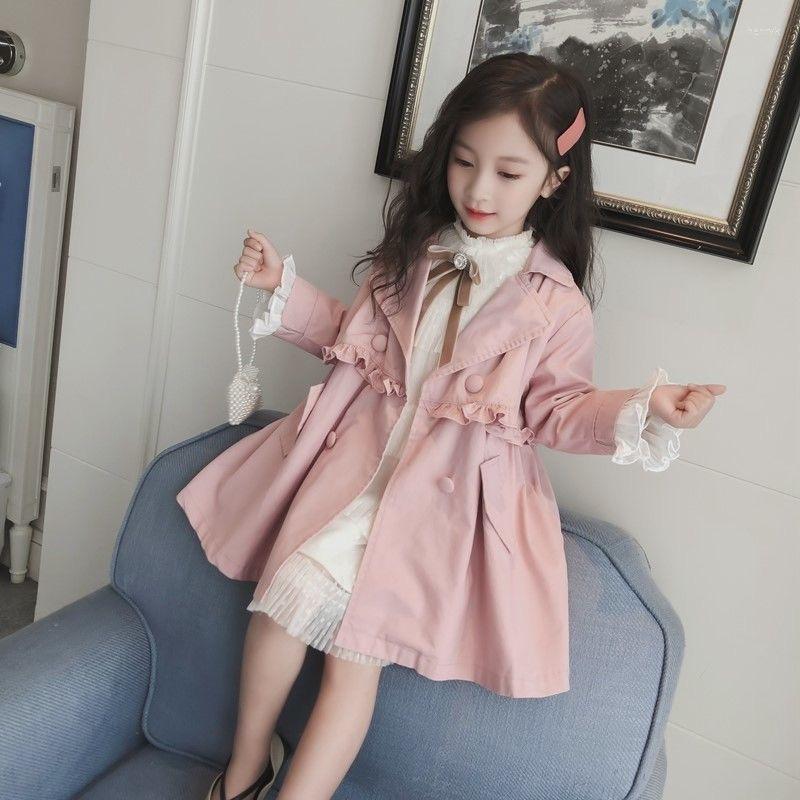 Coat Spring Autumn Blue Pink Color Long Sweet Jackets för flickor tonåring mode barn koreansk vindbrytare ytterkläder dike topp