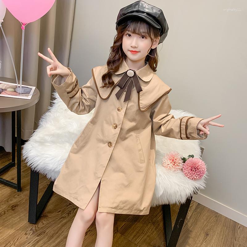 Coat Teenage Girls Trench England Style Fashion Kids Outerwear Clothes Bowknot Neck Long Solid Jackets For 4-16Years