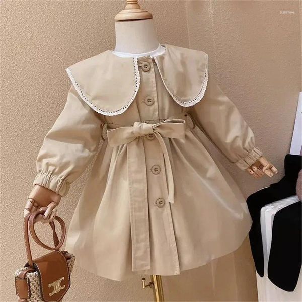 Manteau Trench England Style Veste Girls Fashion Mignon Lace Turndown Collier 1-8 Y Baby Kids Long Windbreaker Casual Outter Clothing