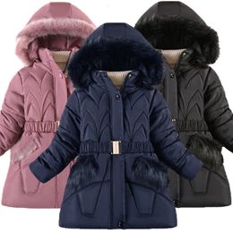 Manteau d'hiver chaud pour filles, veste avec ceinture, doublure de chapeau détachable, capuche en peluche, manteau robuste pour enfants 231102