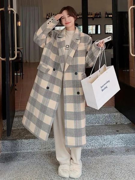 Manteau femme hiver haut de gamme minimaliste épaissi moyen longueur manteau en laine tempérament Vintage américain sur taille vestes 240103
