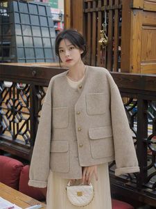 Manteau femme nouvelle laine mélangée tempérament col rond court Double face tissu femmes automne contour ample manteau manteau