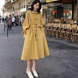 Manteau en mélange de laine pour femme, Long, coréen, ample, fin et épais, jaune, automne hiver 2021, grande taille