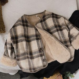 Manteau en laine à carreaux pour enfants, en peluche, Version coréenne, automne et hiver, garçons et filles, vêtements amples rembourrés en coton pour bébés, 230209