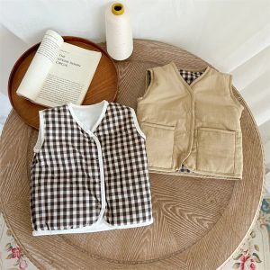 Mounds 05 Baby Boy Fashion Solid Reversible Vest Allmatch Plaid Sans manches Cardigan Girls Automne Coton Veneck d'hiver