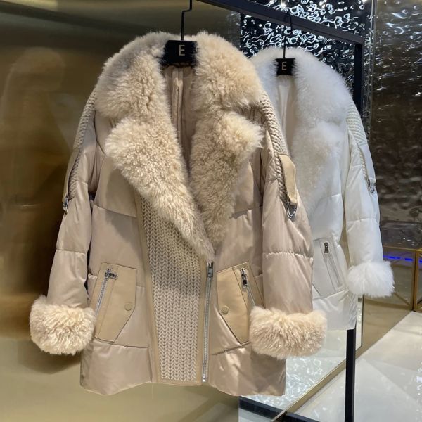 Abrigos Abrigo de piel de cordero Natural para mujer, chaqueta de plumas de ganso, traje de motocicleta de lujo, 2023
