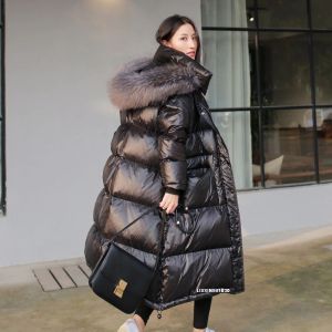 Abrigos 2023 nuevas mujeres invierno negro suelto cuello de piel real abrigo acolchado moda casual con capucha larga chaqueta a prueba de viento mujeres