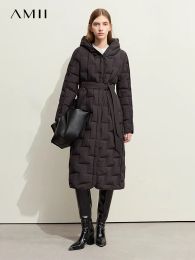 AMII Minimalistische eendendons donsjack met capuchon voor dames Nieuwe 2023 Lange dikke warme jas met riem Winter Trendy bovenkleding 12324013