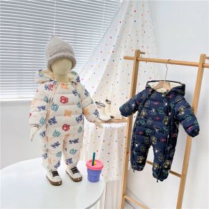 Coats Herfst Winter Baby Girl Romper Cartoon Graffiti Hooded plus Velvet Toddler Boy Jumpsuit Pasgeboren Snowsuit Snowsuit Infant Overalls Outfit