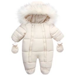 Coats Baby Girl Boy Twopion Thermal Deset Romper Winter warme katoenen jumpsuit Solid Color Lange Mouw Hooded Romper en Handschoenen