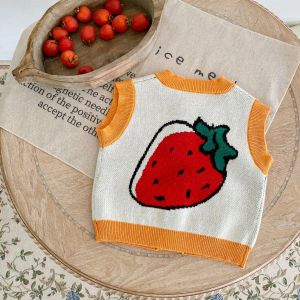Mounds bébé fille printemps automne-tricot gilet bébé garçon douce fraise à imprimer sans manches vêtements de cardigan avec des vêtements pour bébé bouton