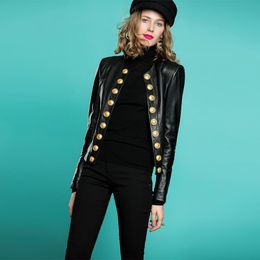 Manteaux Personnalisé Double boutonnage boutons en métal veste en cuir femme col rond doux en cuir véritable manteau en cuir de mouton naturel hauts F919