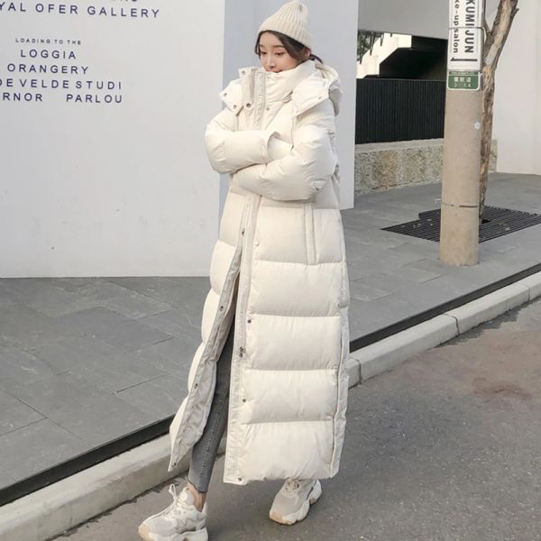 Abrigos de alta calidad para mujer, chaqueta con capucha de plumón de pato blanco, abrigo largo con capucha de invierno hasta el tobillo, moda súper gruesa, ropa de nieve cálida