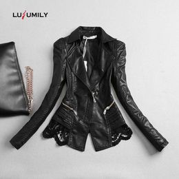 Abrigos Lusumily, chaqueta de cuero de talla grande para otoño, abrigo corto de cuero de Pu con encaje negro para mujer, abrigo de invierno para motocicleta para mujer 2022