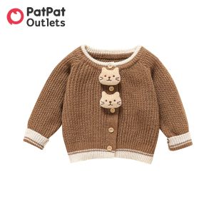 Coats Patpat Coats Prilleurs Baby Boy Girl Girls 3D Cat Decor Longsleeve Button Up Tricot Cardigan Winter Veste pour les enfants