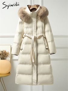 Abrigos Syiwidii 90 Chaqueta de plumón de pato blanco para mujer Otoño Invierno Cuello de piel nueva con capucha Abrigos Manga larga Chaqueta ajustada con cordones Puff