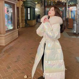 Jassen Winter Donsjack Dames Korea Mode Zoete Roze Kleurrijke Glanzende Lange Losse Kunstbont Capuchon Witte Eend Down Jas Parka