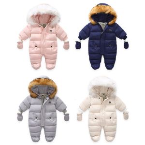 Coats Winter Warm Baby Girls Boys Zipper Down Sneeuw Draag Jumpsuit met handschoenen Fashion Peuter lange mouw Hooded Dikke Romper Outfit