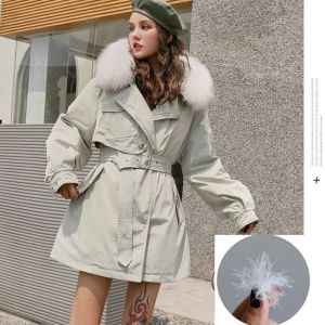 Abrigos Mujer casual chaqueta con capucha Vintage invierno cálido 90% pluma de pato blanco pretina abrigo Cuello de piel abrigo acolchado