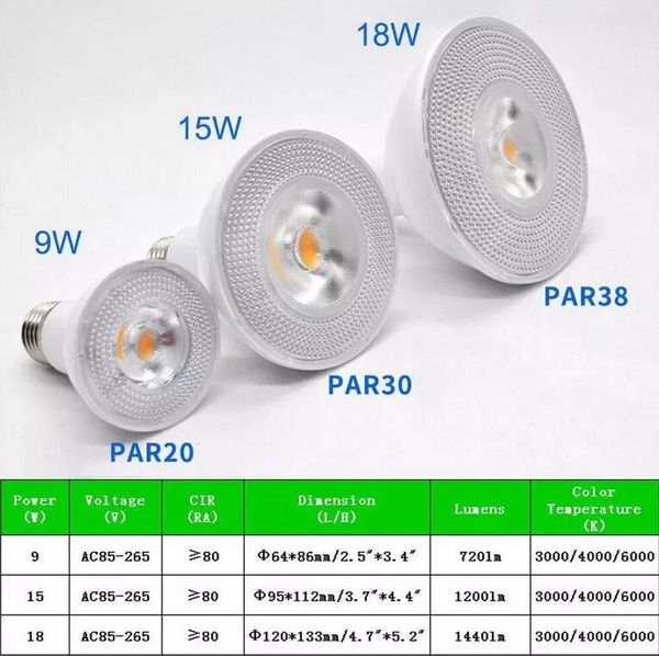 COB led downlight par38 Bombilla LED par30 par20 85-265V 9w 15w 18w E27 No regulable Iluminación LED Lámpara de punto de luz