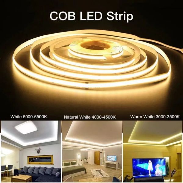 Tira de luces LED COB para decoración de habitación de coche, barra de luces de cinta lineal Flexible, blanco frío y cálido, 12V, 24v, 480LED/m