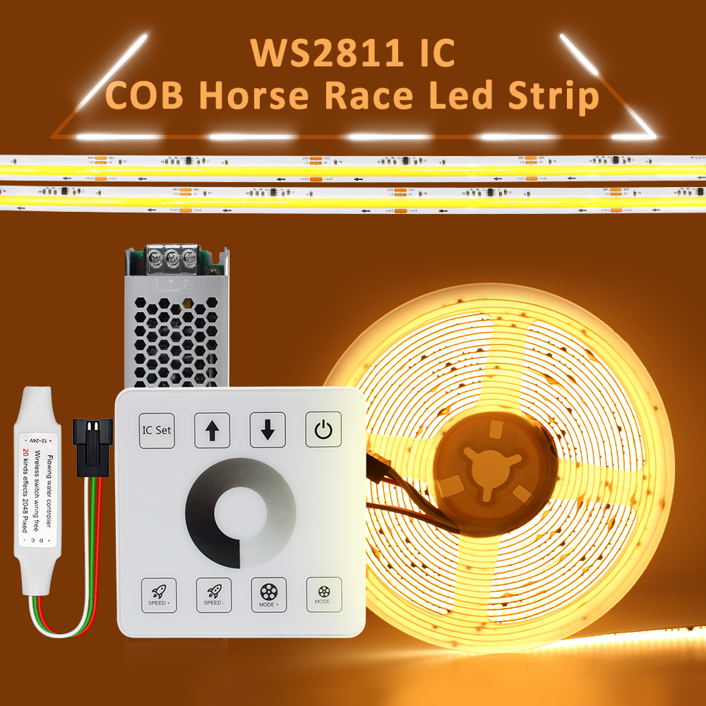 COB ACKING SU AKILI LED STRIT LIVES WS2811 24V At Yarışı Sıralı LED Şeridi RF Touch Panel Kontrolör 10m 20m Set