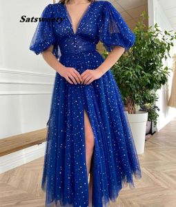 Robes de bal Vneck Blue Blue Cobalt Mandons bouffés étoiles en tulle partage de bal partage boutonnée de la longueur tumulte Aline Robes formelles1800658