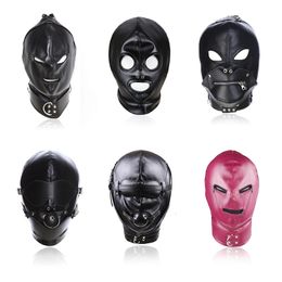 Cockrings BDSM Sex Black Pu Cuir Tête Bondage Hood Masque Bouche Ouverte Avec Couple Érotique Flirter Jouets Masque Réglable Cosplay Harnais 231130