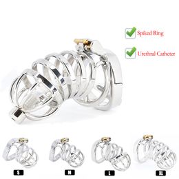 Cockrings CBT Male Chastity Belt Device Acero inoxidable Cock Cage Pene Ring Lock con catéter uretral Spiked Sex Toys para hombres 230227