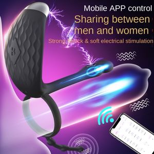 Cockrings Electric Shock Penis Ring APP Bluetooth Vibrador para pareja masajeador de próstata Cock Smartphone Control remoto Juguetes sexuales 230227