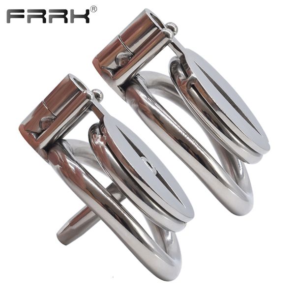 Anillos para el pene FRRK, jaula de castidad masculina plana con banda de unión con tornillos, banda de acero, anillo para el pene, candado de metal pequeño para el pene 230712