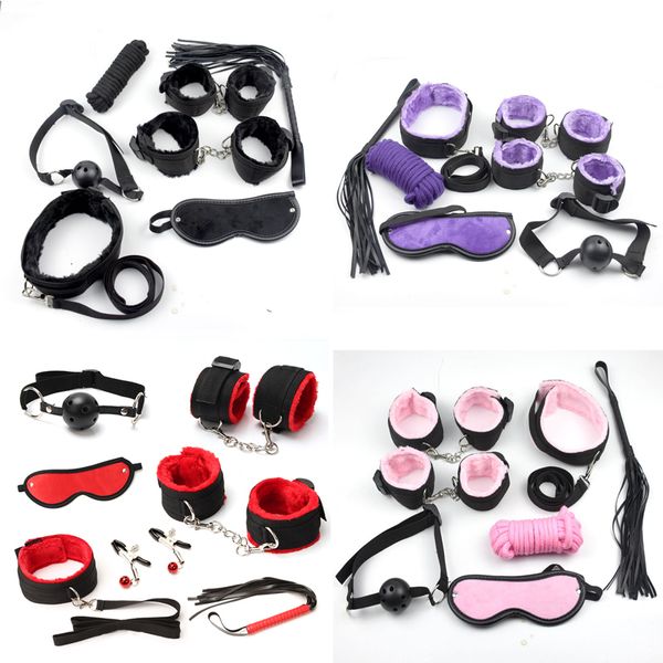 Cockrings Leopard 7 PCS / Set Lencería sexy PU Cuero BDSM Bondage Set Hand Cuff Footcuff Whip Cuerda con los ojos vendados Juguetes eróticos 230411