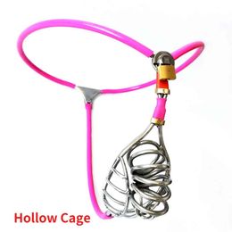 NXY Cockrings Ceinture de chasteté masculine en acier inoxydable rose Dispositif réglable HollowHalf Cage à oiseaux creuse 6 BOUCHONS pour choisir des sous-vêtements respirants 1124