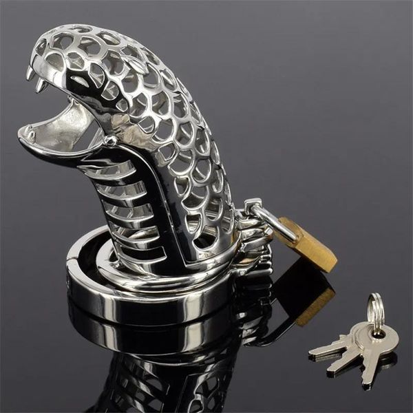 Anillos para el pene Tótem de serpiente 85 mm de longitud Anillo para jaula de gallo masculino Dispositivo de castidad Cinturón de acero inoxidable Funda para pene Juguete sexual Metal Bondage Juego para adultos Y18