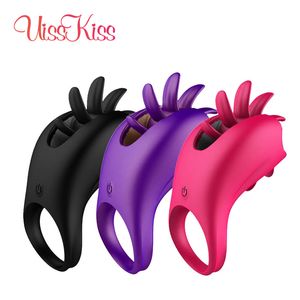 Cockringen UissKiss 10 snelheden vibrators penis cockringen vertraagde ejaculatie rotatie clitoris stimulator tonglikken producten voor volwassenen 230911