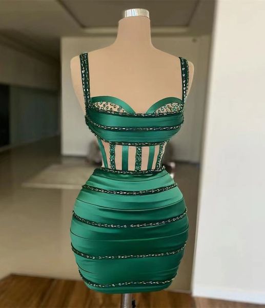 Robe de cocktail vert foncé cristal robe de soirée de bal grande taille fermeture éclair nouvelle remise de diplôme personnalisée droite sans manches satin à lacets plissé perlé spaghetti