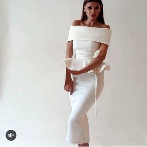 Robes De Cocktail Blanc Satin Sirène Robe De Bal Arabe Dubaï 2019 Femmes Hors Épaule Thé Longueur Retour Fente Soirée Occasion Robes