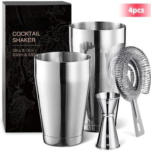 Mélangeur à cocktail Shaker Set 4pcs Boston Shaker Boîtes Barman Kit 18oz 28oz Boisson Mixte Shaker Passoire Double Mesure Jigger 240306