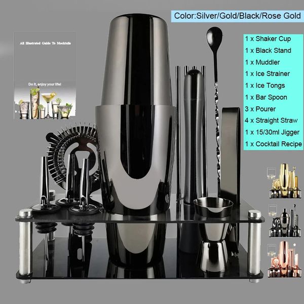 Juego de coctelera 3-12 piezas 550 ml 800600 ml Cocteleras de oro rosa negro Jigger Cuchara mezcladora Tong Barware Bartender Tools Wine Rack 240319