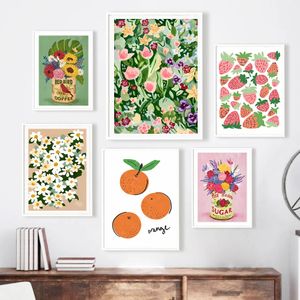 Cocktail tin oranje aardbei abstract bloemen canvas schilderij esthetiek retro fruit poster muur kunst prints foto's voor woonkamer keuken decor geen frame wo6