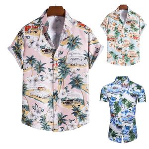 Coconut Tree Egg Flower Imprimé Shirt Shirt à manches en grande chemise de floral de plage hawaïenne décontractée pour hommes