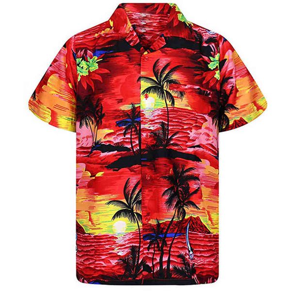 Noix de Coco Arbre Rouge Chemises Hommes Plage Hawaïen Casual Hommes Chemise Surdimensionné Camisas Vacances Quotidien À Manches Courtes Imprimer Chemise Homme 210524