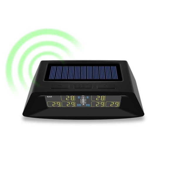 CODASH 8Bar Car Solar TPMS Sistema de monitoreo de presión de neumáticos Pantalla automática Monitor de alarma Carga USB Alerta de temperatura 6 sensores