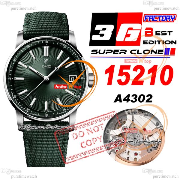 Code 11.59 15210 A4302 Montre automatique pour homme 3GF Boîtier en acier de 41 mm Index vert Cadran texturé Bracelet en cuir de nylon Super Edition Puretimewatch Reloj Hombre