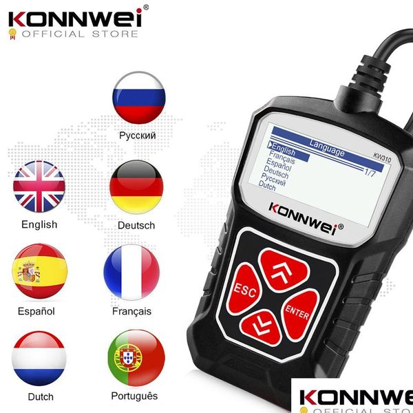 Lecteurs de code Outils d'analyse Elm327 Scanner Obd2 pour Obd 2 Scanners de voiture Outil de diagnostic Motif Konnwei Kw310 Drop Delivery Automobiles Moto Otcmv