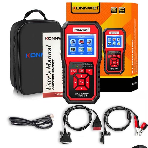 Lectores de códigos Herramientas de escaneo Kw870 6V 12V Probador de batería de motocicleta para automóvil Obd2 Herramienta de diagnóstico Escáner 2 en 1 Prueba de carga de arranque para el Otch3