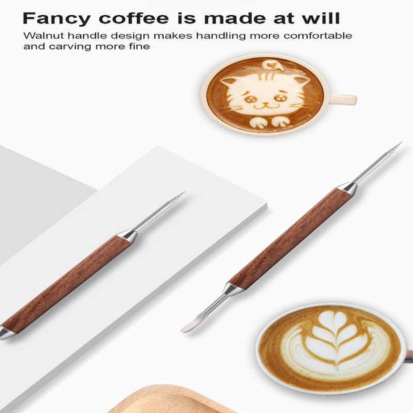 Aiguilles d'art de café Aiguille d'art de latde de café artide en bois massif avec crochet aiguille en acier inoxydable pour dessiner la mousse de tasse de café P230509