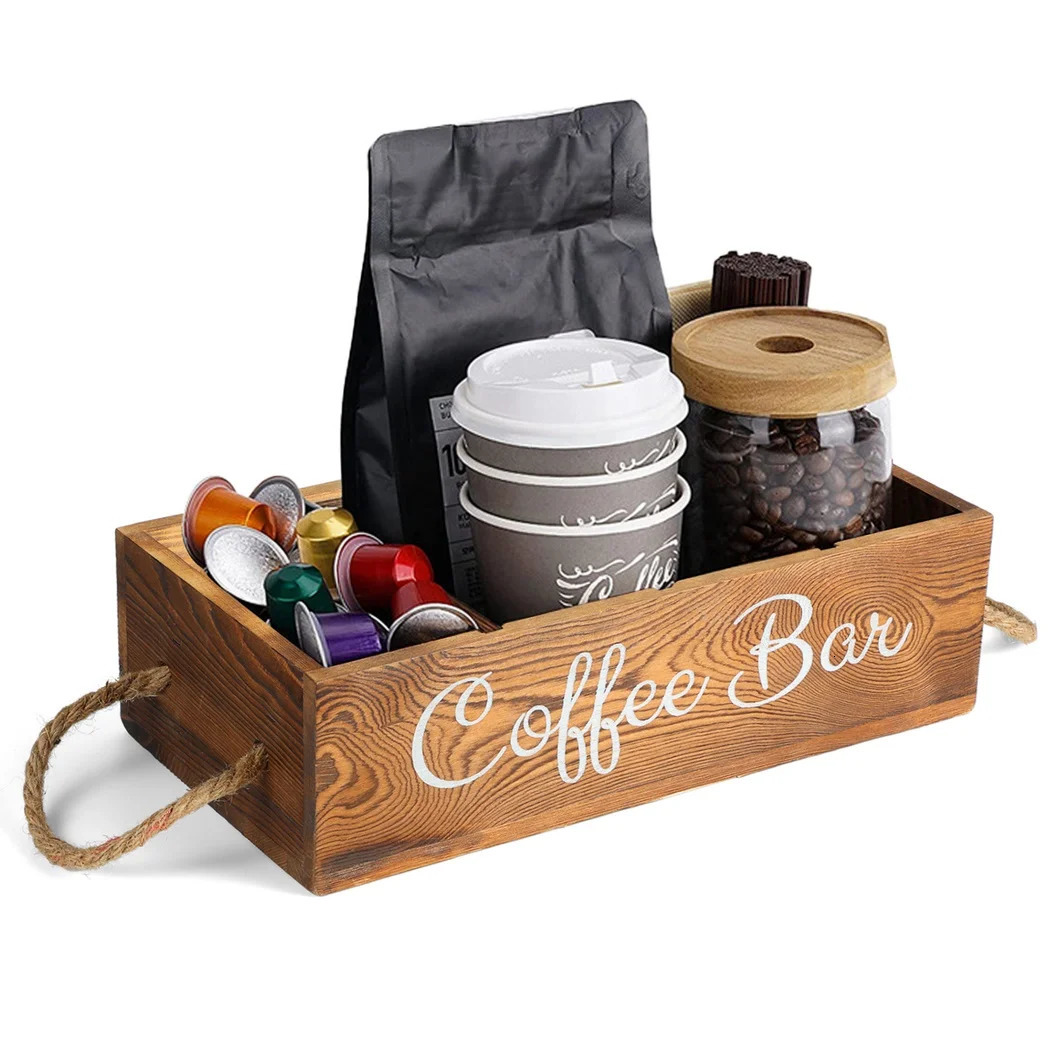 Kaffeebar Organizer Holz Kaffeestation mit 3 herausnehmbaren Trennwänden Aufbewahrungsbox für Kaffeepads Pappbecher Strohhalme Kaffeebar Dekor 240307