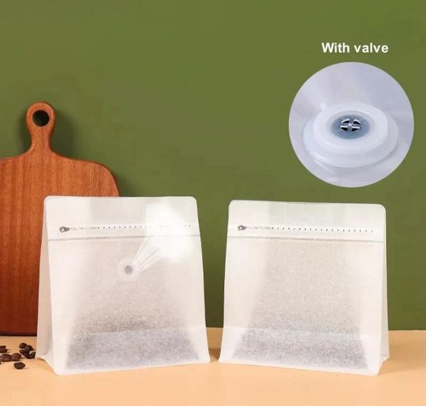 Sac d'emballage de grains de café Papier en coton blanc avec soupape scellé pour les écrous de poudre Stand Up Up Reutilisable Pouche